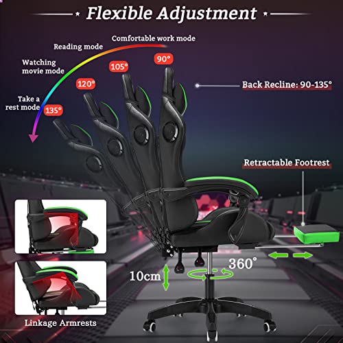 Light Green and Black Ergonomic Gaming Chair with Footrest H8450