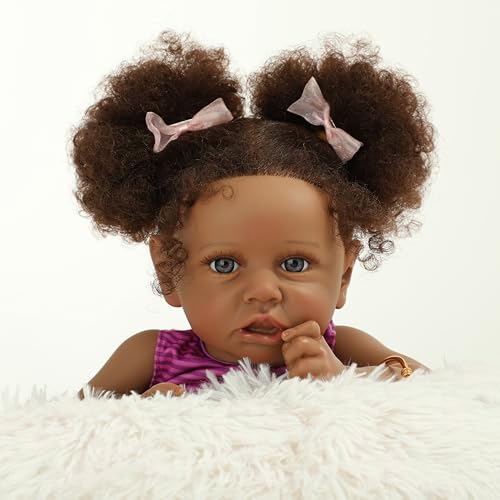 22" Realistic African American Newborn Baby Doll with Two Afro Puffs & Feeding Toys Q648154