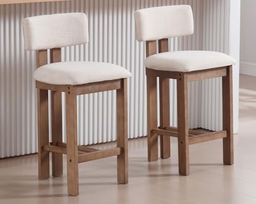 Set of 4 Beige Linen Upholstered Bar Height Stools with Hardwood Frame Z629182