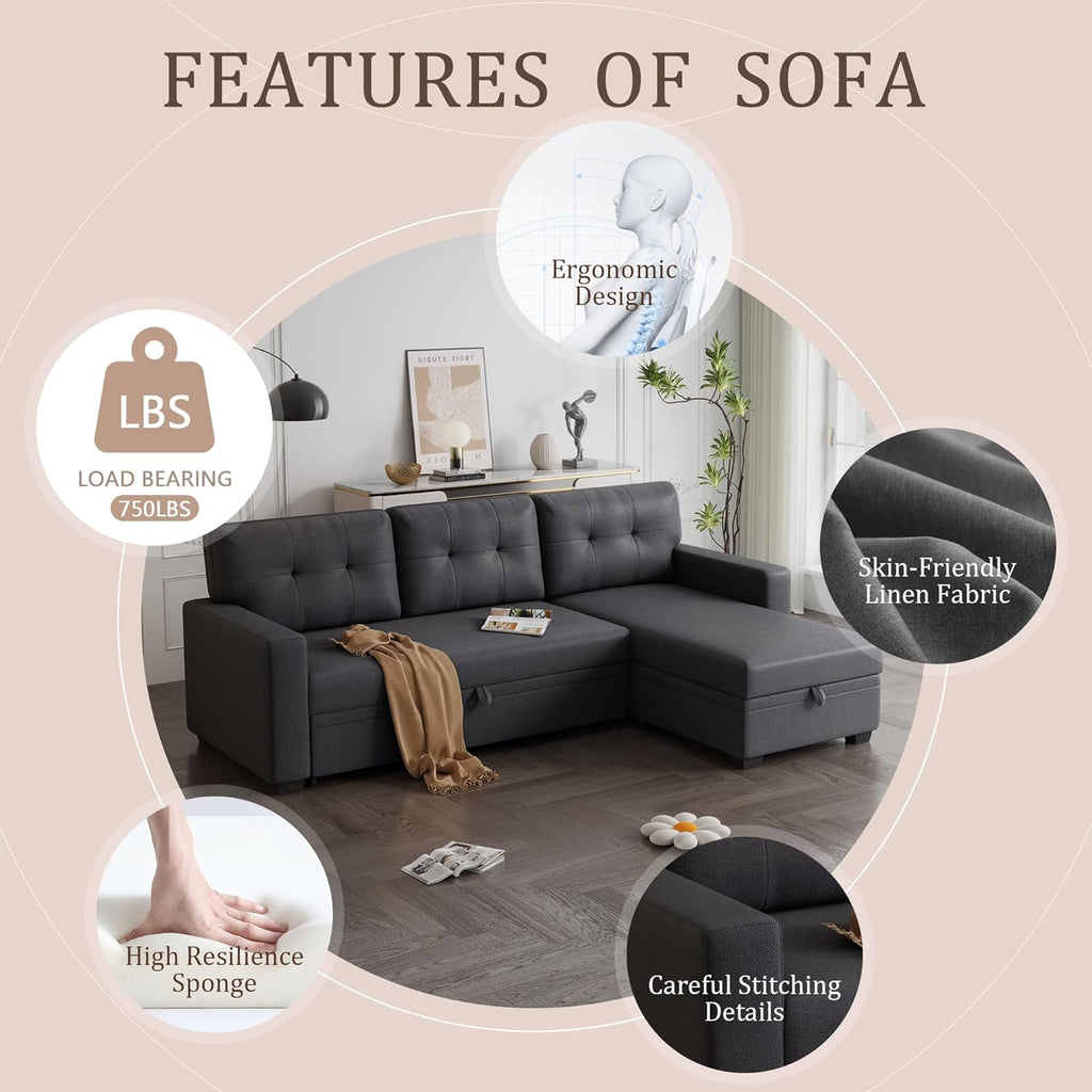 Dark Gray Linen Upholstered 3 Seater Pull Out Sofa Bed with Storage Chaise M959136