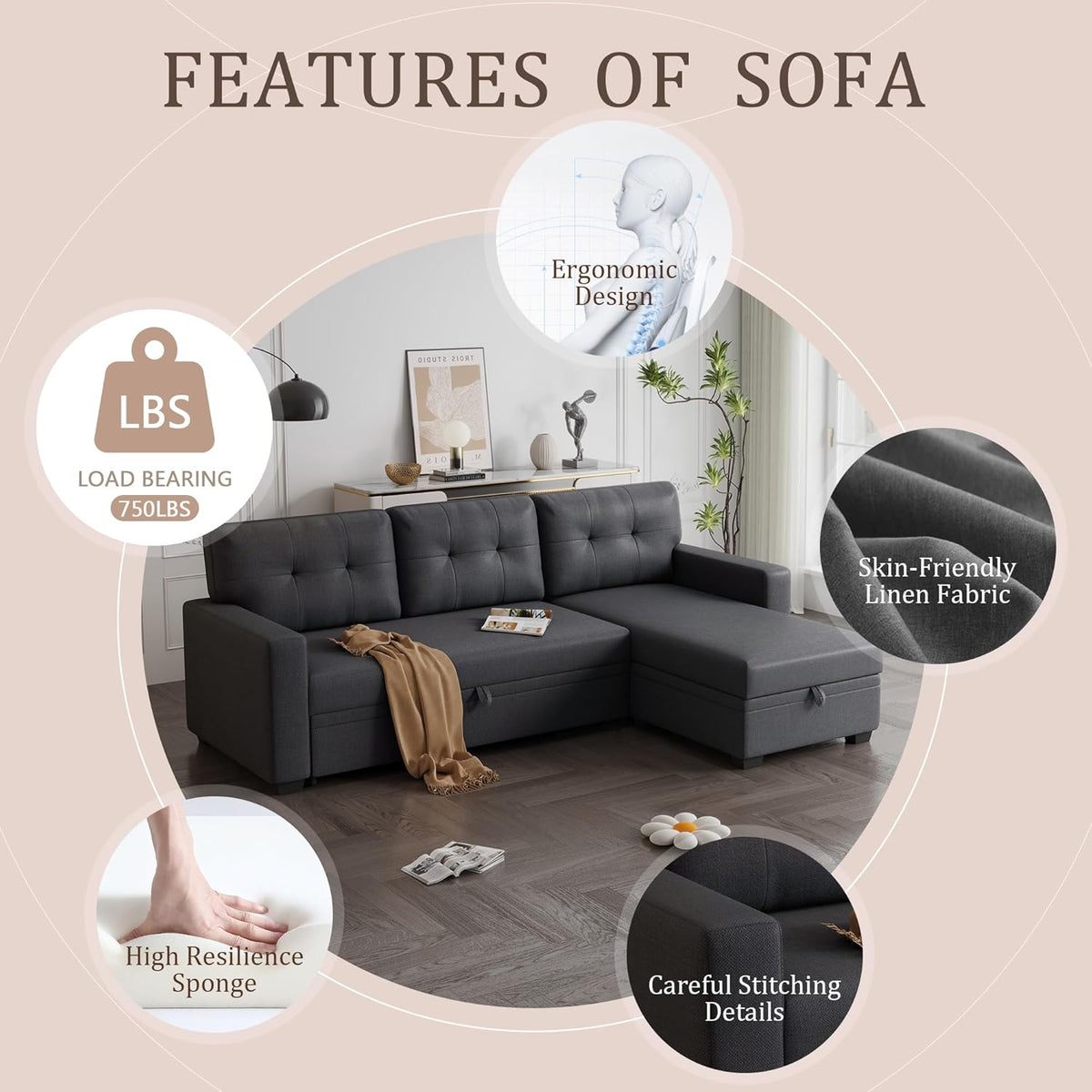Dark Gray Linen Upholstered 3 Seater Pull Out Sofa Bed with Storage Chaise M959136
