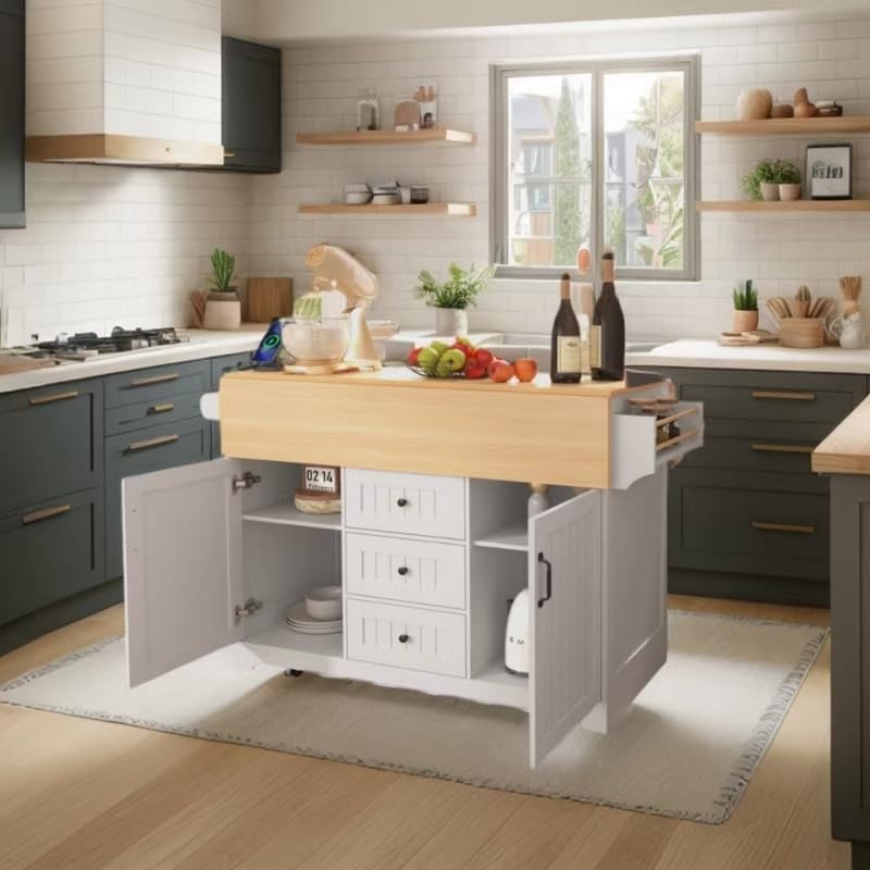 Black Kitchen Island with Drop Leaf, 3 Drawers, Power Outlet U92294
