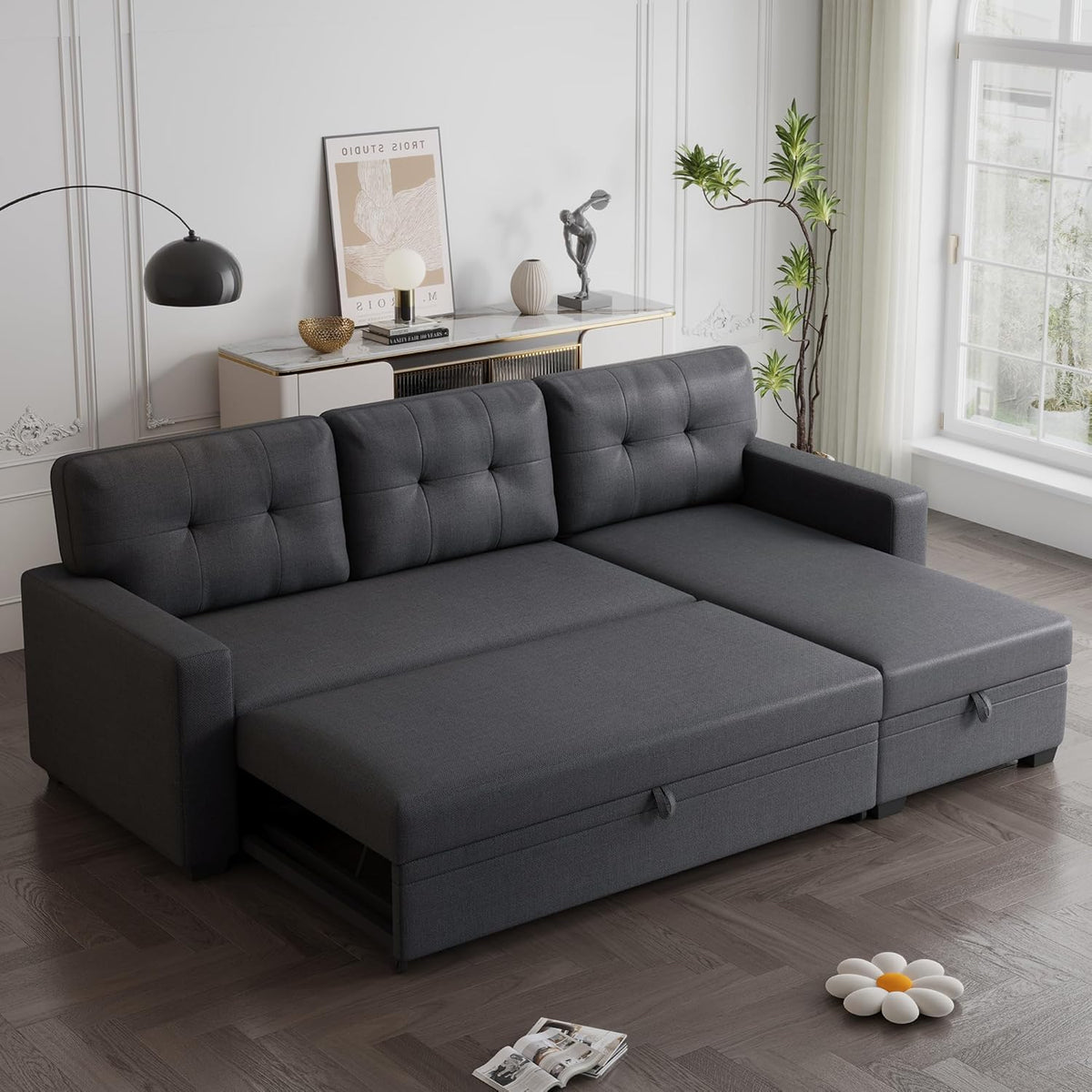 Dark Gray Linen Upholstered 3 Seater Pull Out Sofa Bed with Storage Chaise M959136