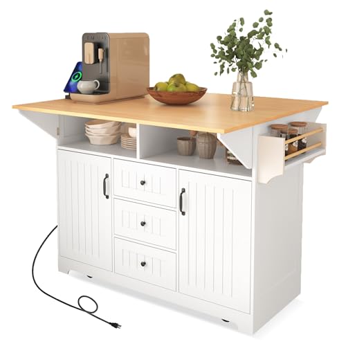 Black Kitchen Island with Drop Leaf, 3 Drawers, Power Outlet U92294