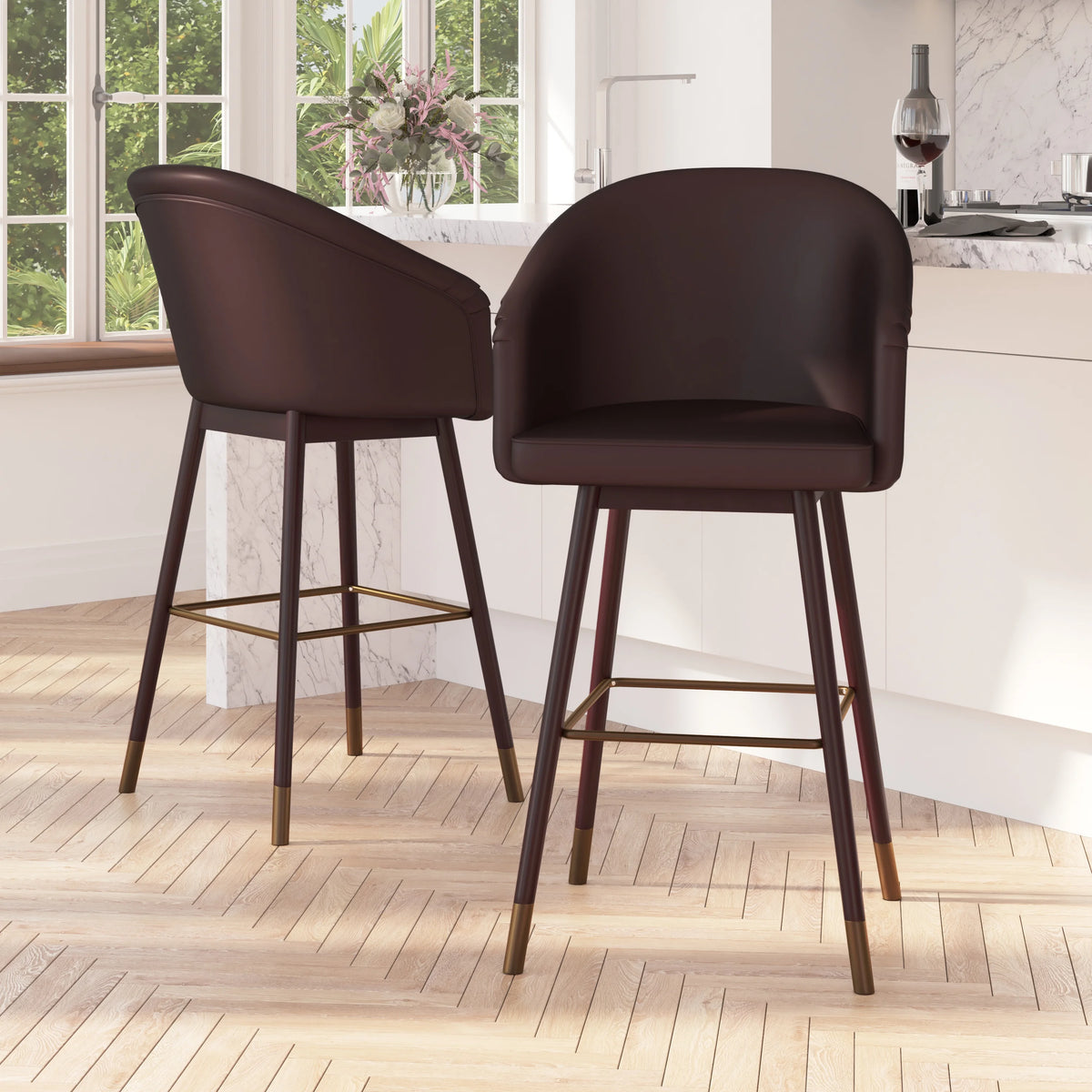 Brown Faux Leather Wood Frame Bar Height Stool S2152