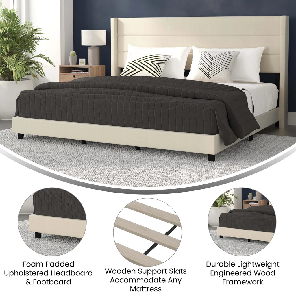 Beige Faux Linen King Upholstered Platform Bed with Wingback Headboard G927571