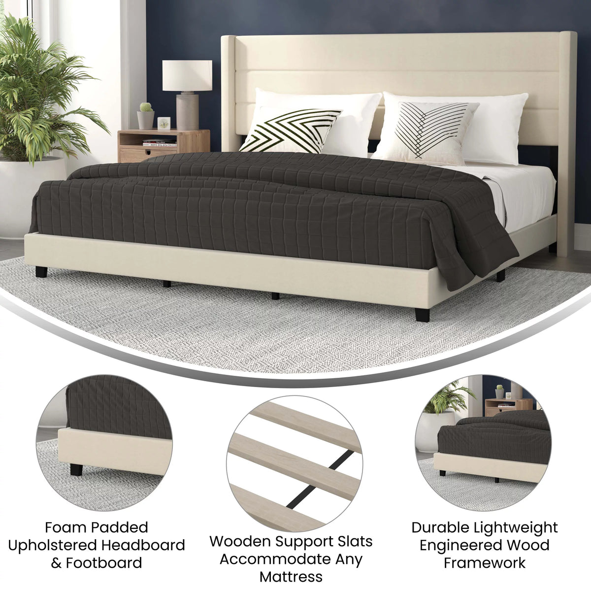 Beige Faux Linen King Upholstered Platform Bed with Wingback Headboard G927571