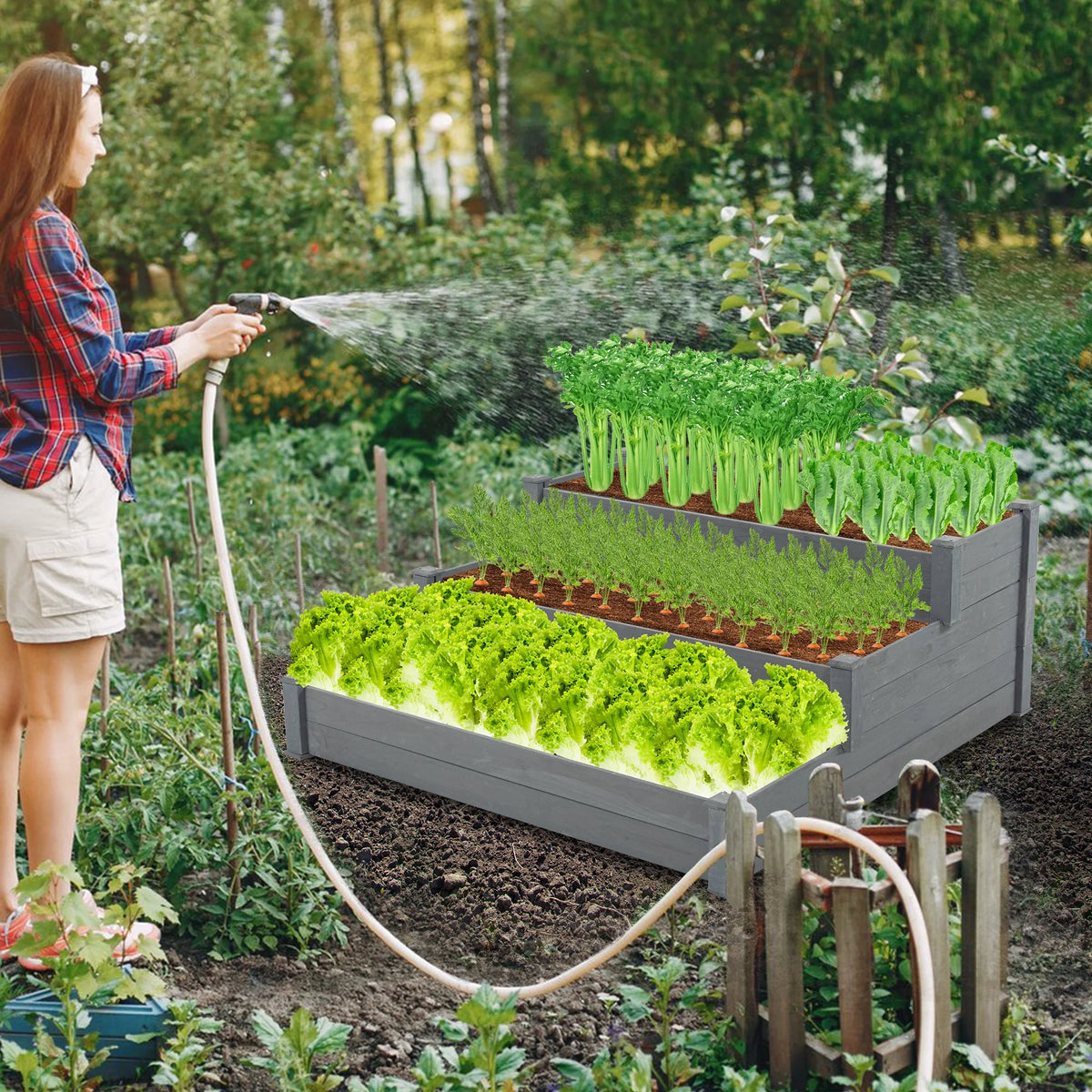 3-Tier Raised Fir Wood Garden Bed Planter Y142