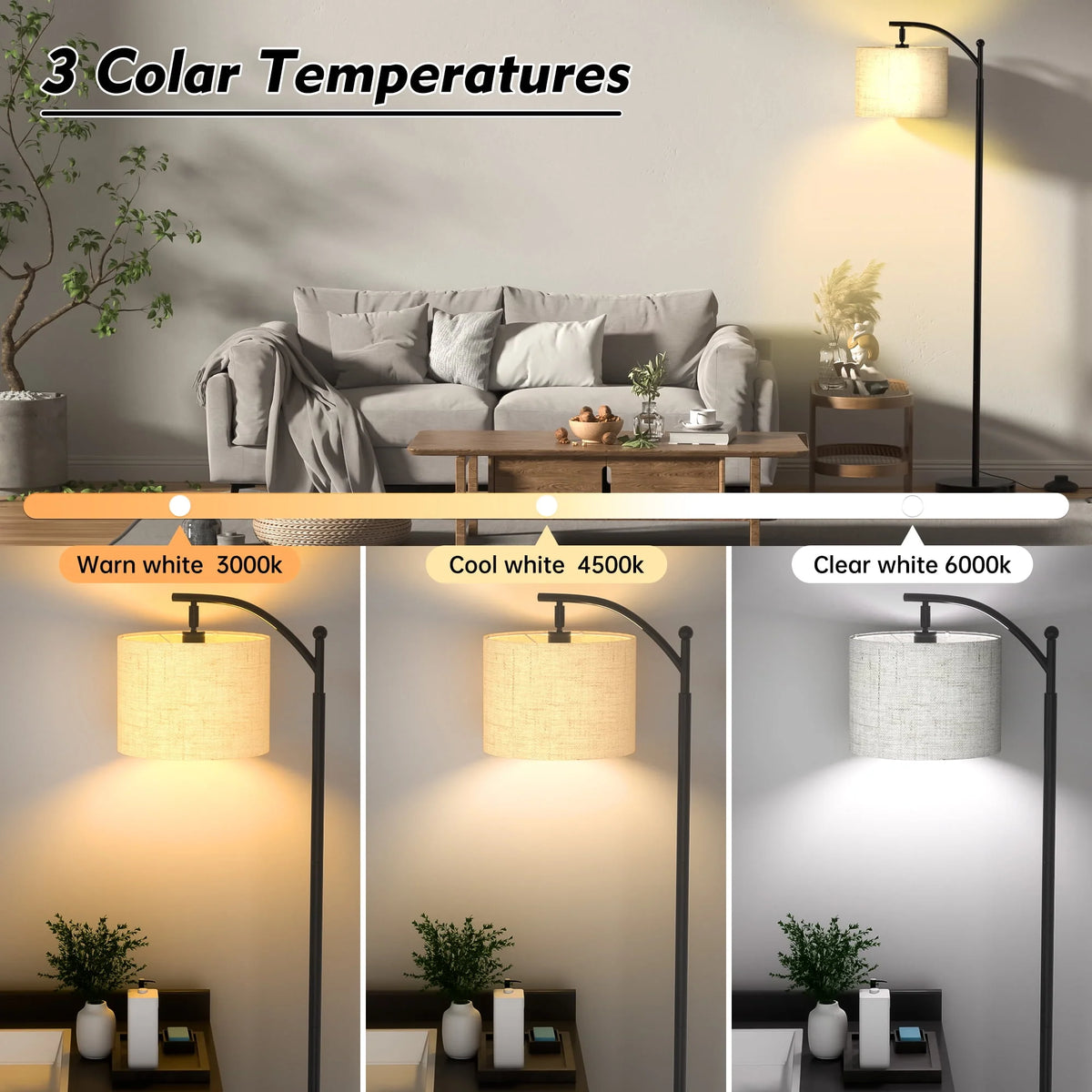 Floor Lamp with 3 Color Temperatures Linen Shade R18173