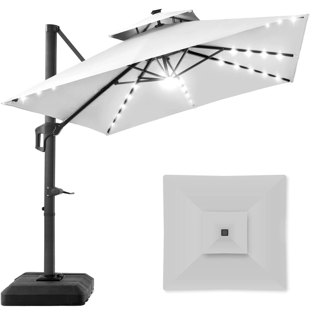 10x10ft 2-Tier Solar LED Cantilever Patio Umbrella with Base C339