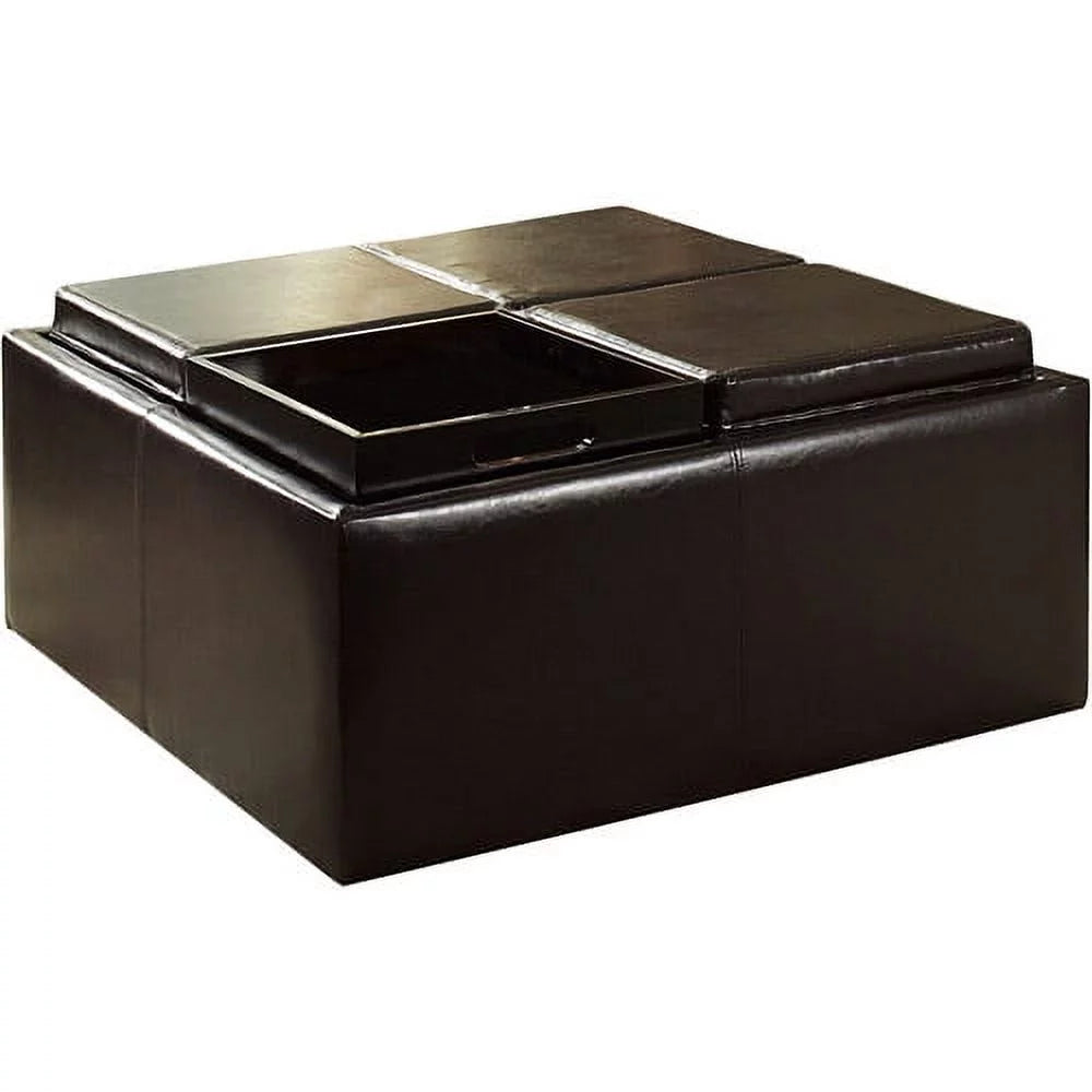 Dark Brown Faux Leather Storage Ottoman with 4 Trays P9919