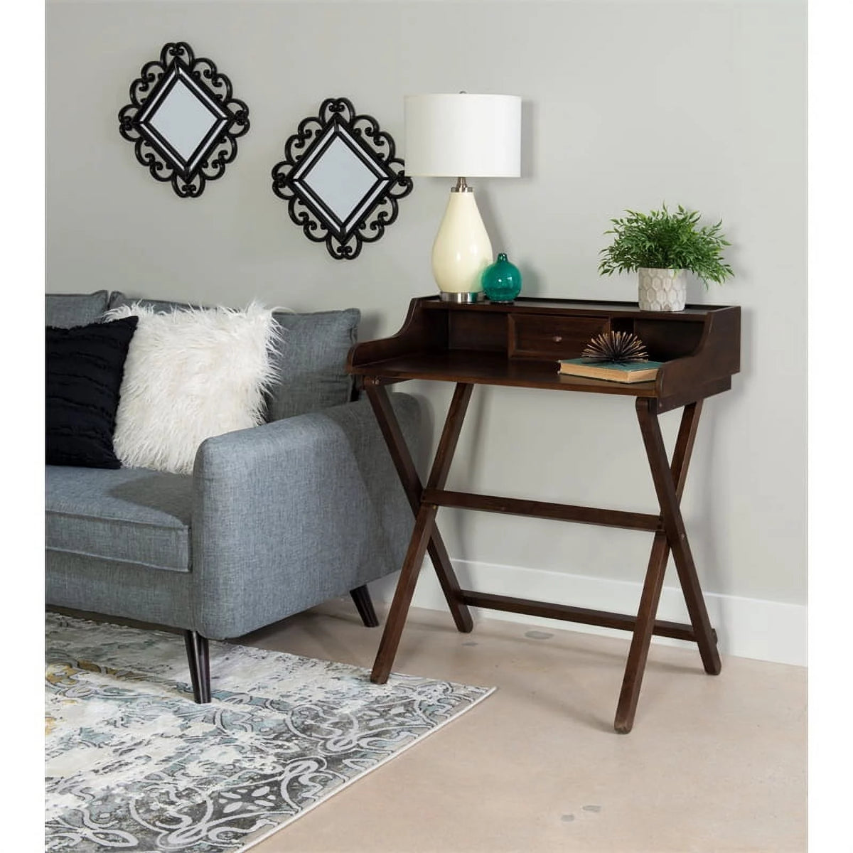 Wood Folding Desk in Antique Walnut Brown D7271