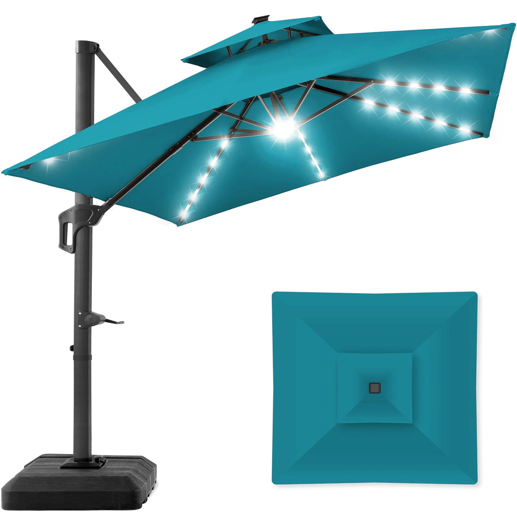 10x10ft 2-Tier Solar LED Cantilever Patio Umbrella with Base C339
