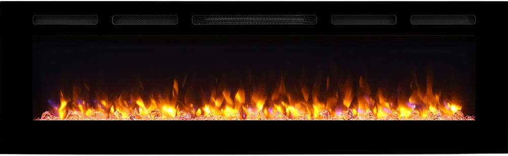 Recessed Electric Fireplace with Log Set and Crystal, 1500W Heater, Black E11945