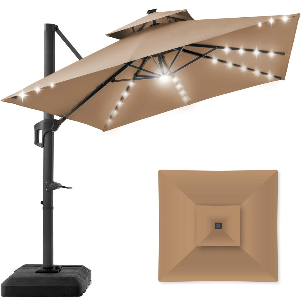 10x10ft 2-Tier Solar LED Cantilever Patio Umbrella with Base C339