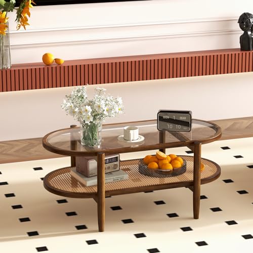 Black 2-Tier Oval Rattan Coffee Table with Tempered Glass T256