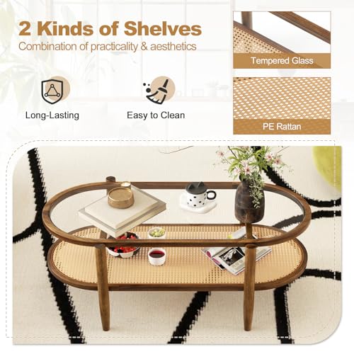 Black 2-Tier Oval Rattan Coffee Table with Tempered Glass T256