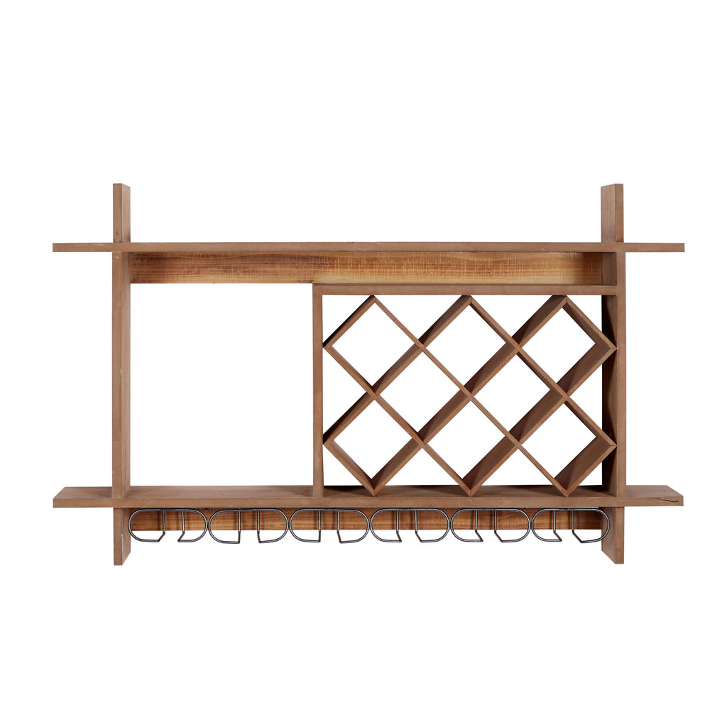 Brown Wood 8 Bottles Wall Wine Rack with 6 Glass Holder Slots R440