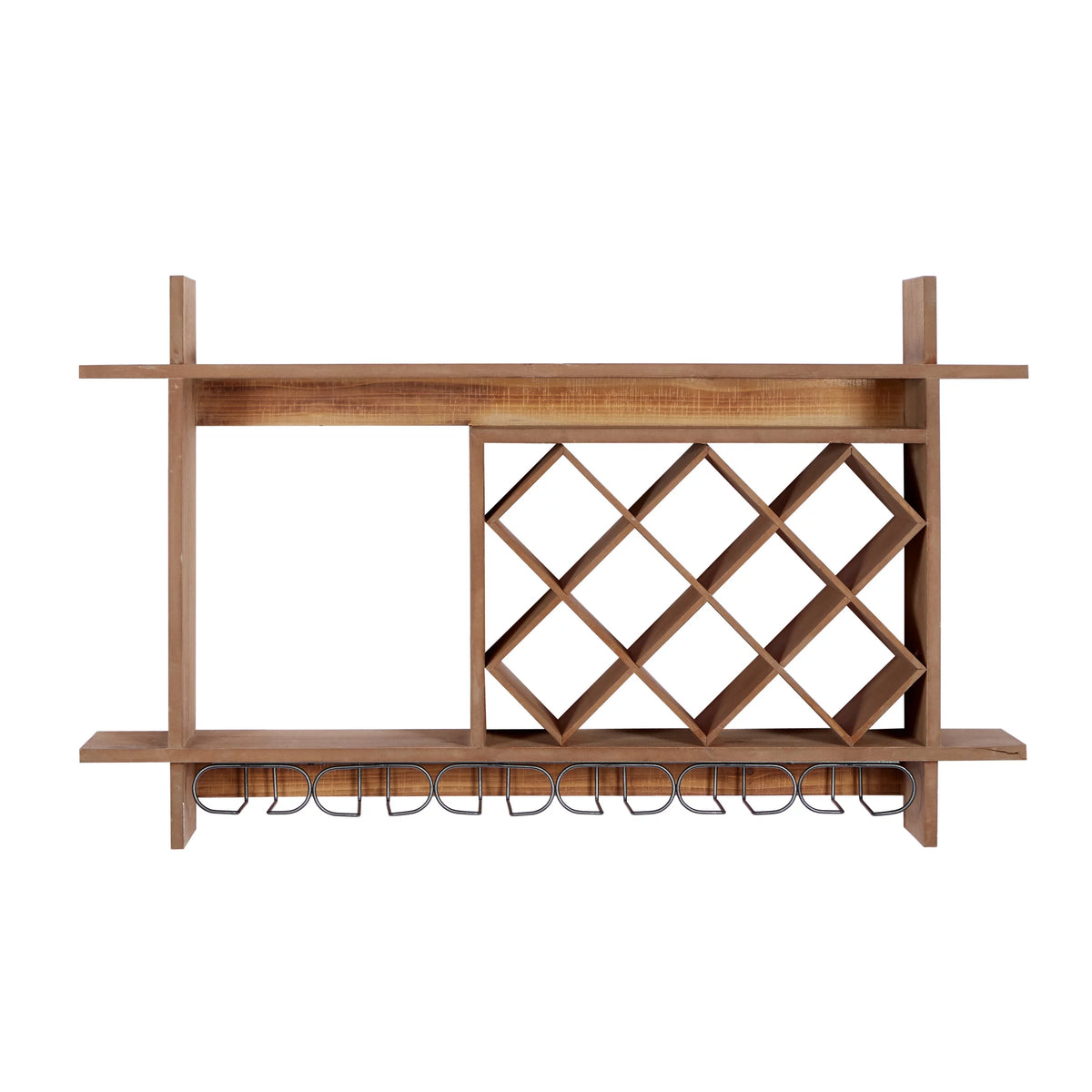 Brown Wood 8 Bottles Wall Wine Rack with 6 Glass Holder Slots R440