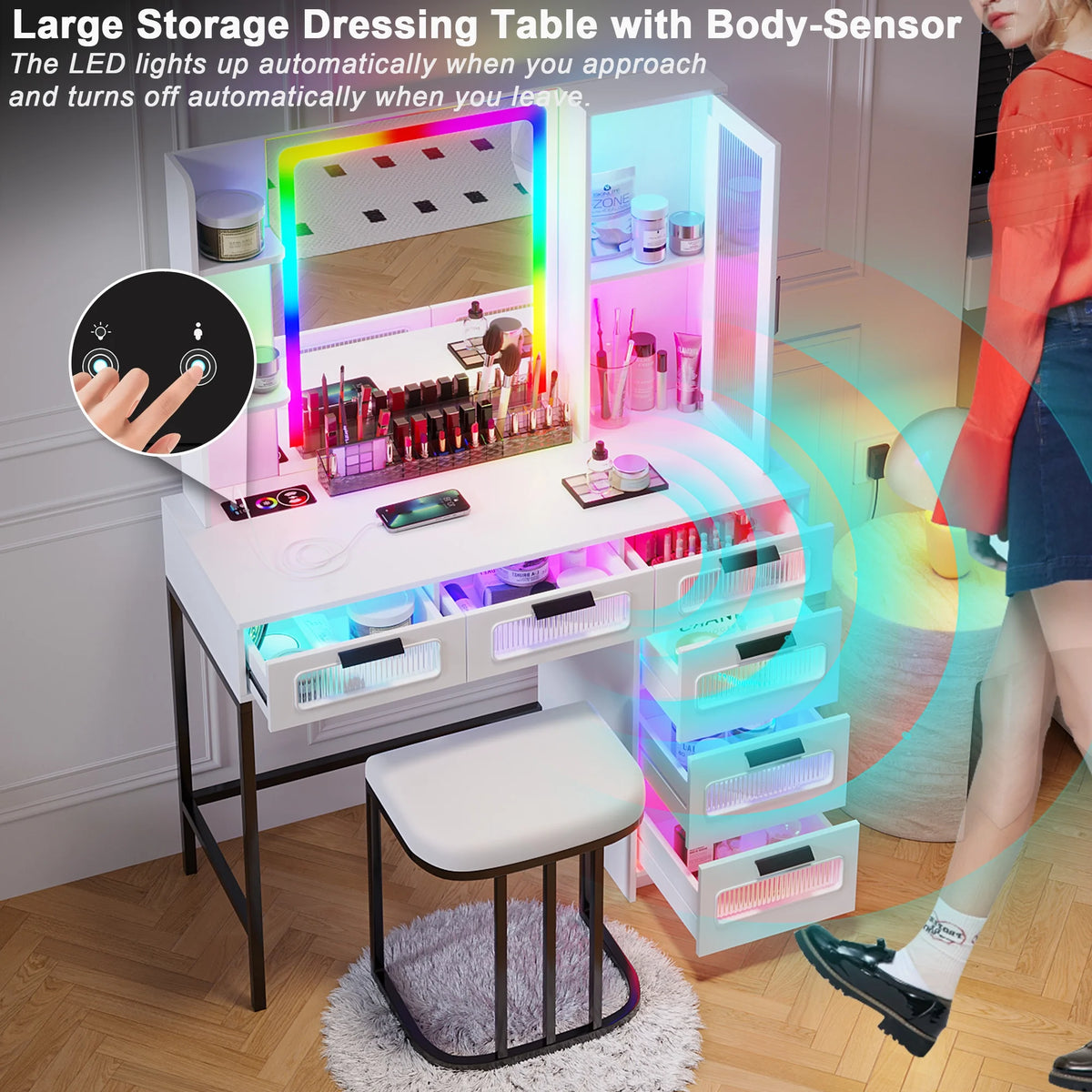 White Vanity with Lights and 6 Drawers Q796831