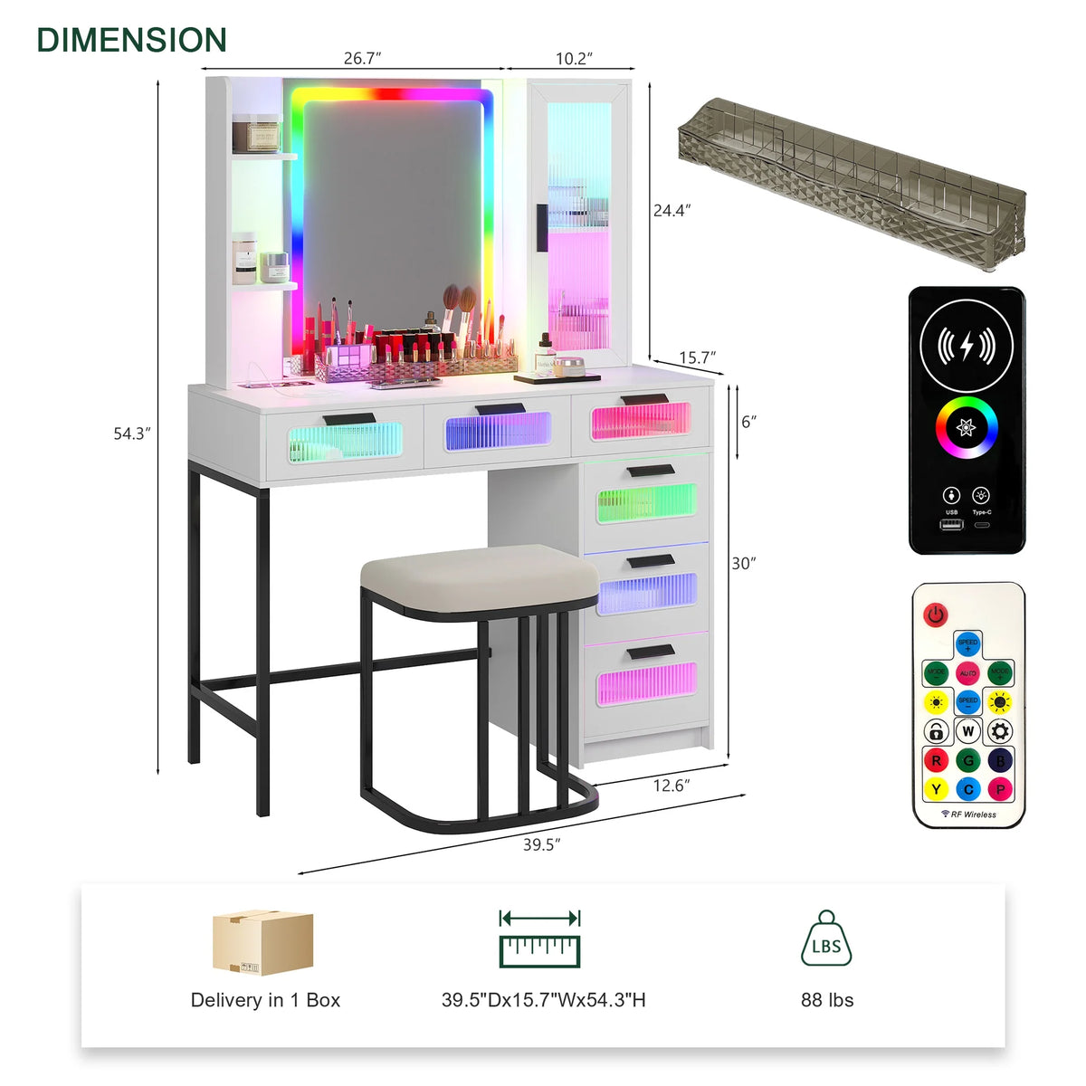 White Vanity with Lights and 6 Drawers Q796831