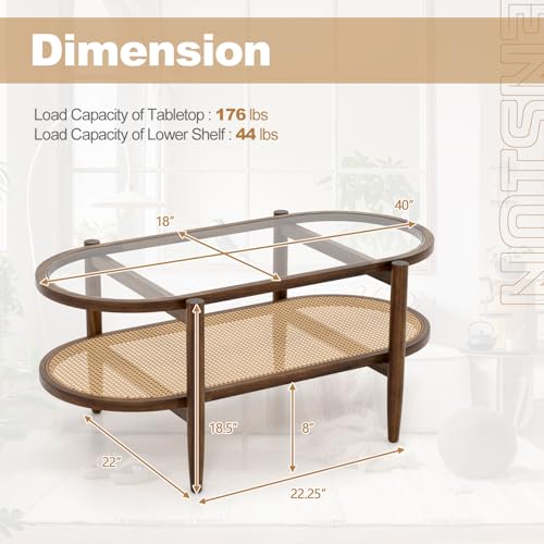 Black 2-Tier Oval Rattan Coffee Table with Tempered Glass T256