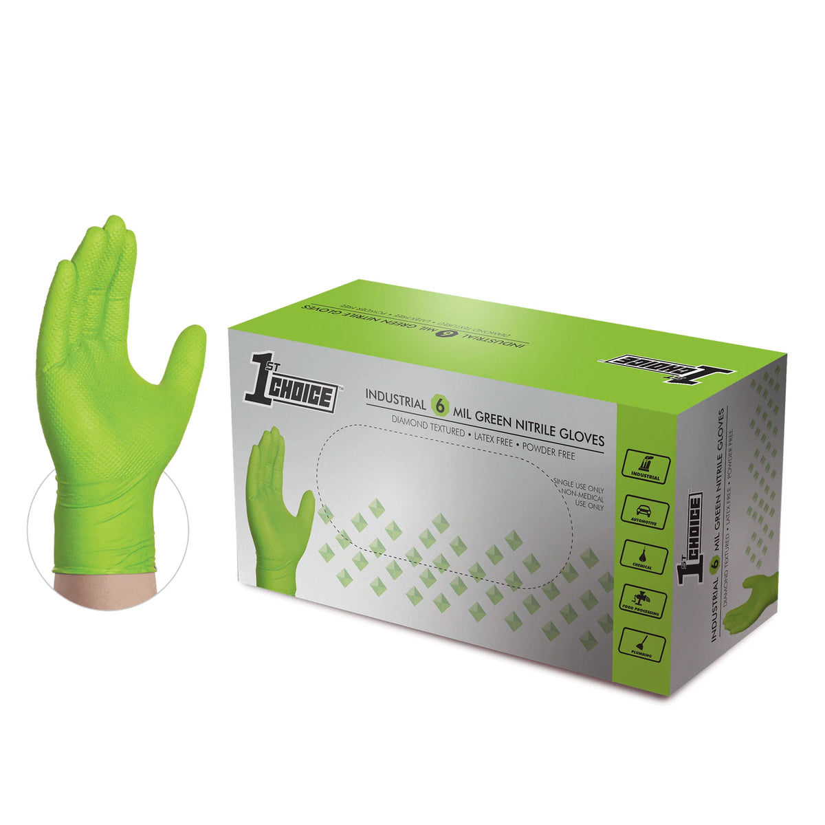 Green Nitrile Disposable Gloves 6 Mil Textured Large 200 O82075