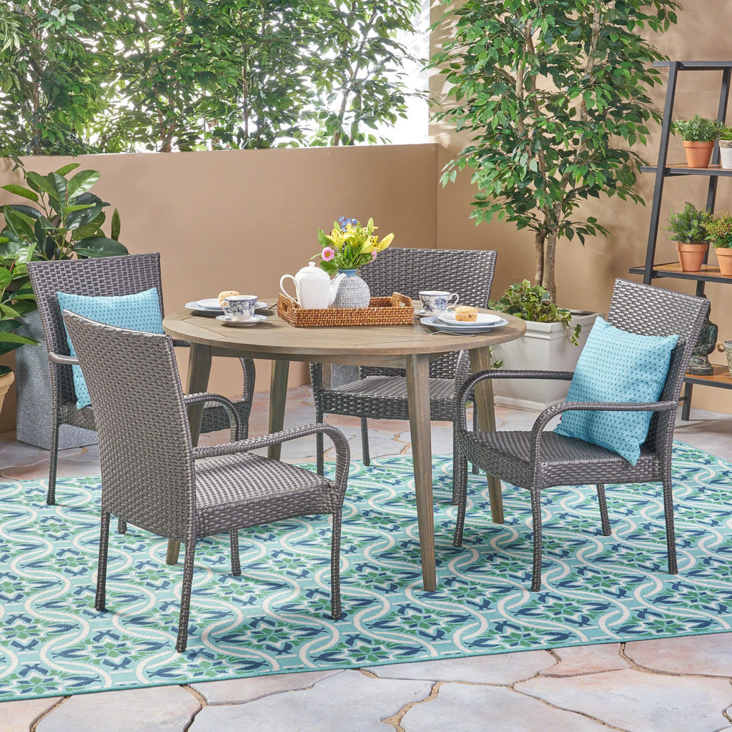 5 Piece Gray Wooden Round Patio Dining Set U2553