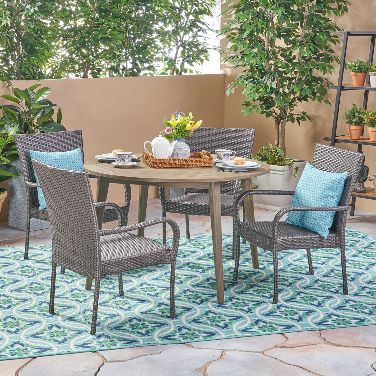 5 Piece Gray Wooden Round Patio Dining Set U2553