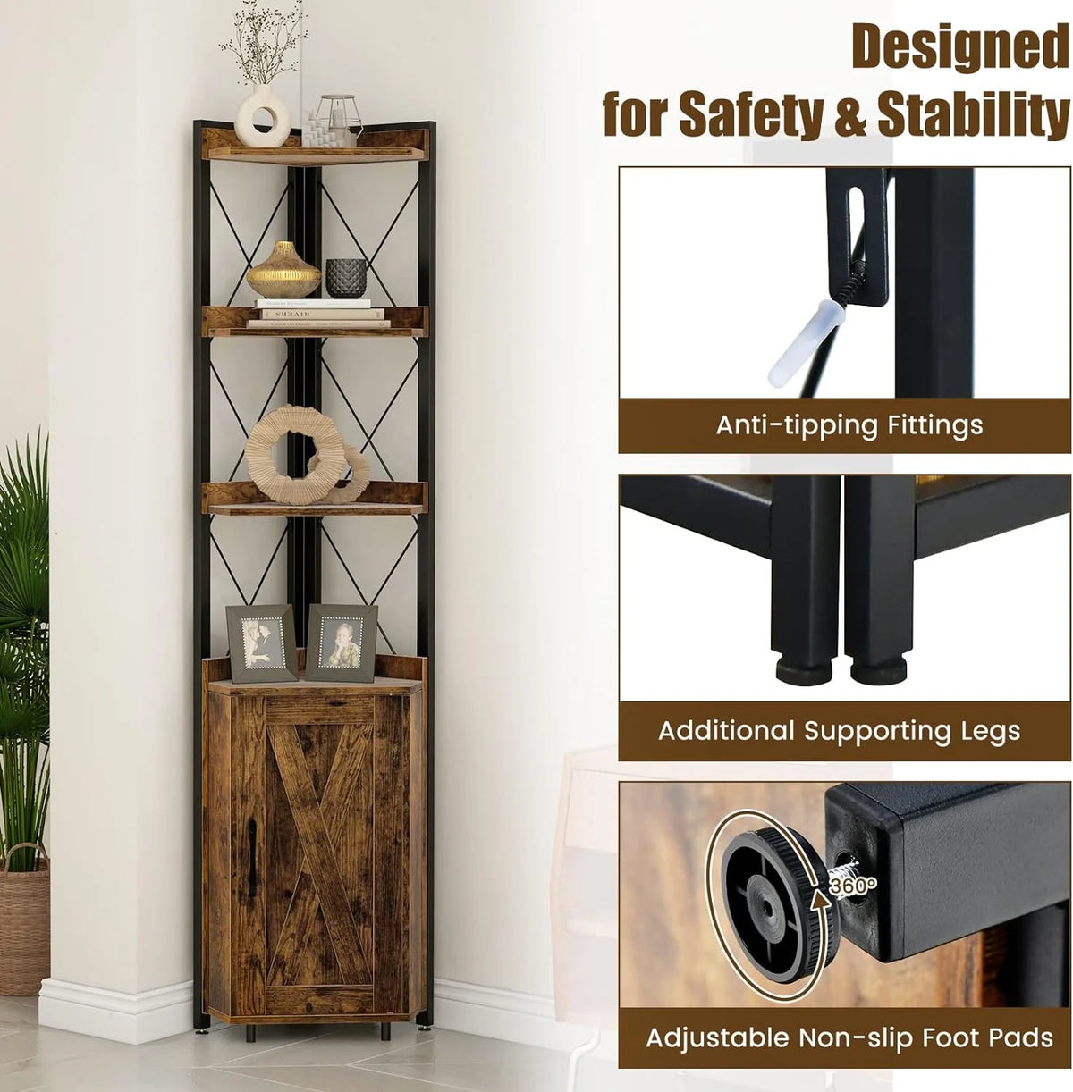 4-Tier Rustic Corner Bookshelf with Cabinet V9458