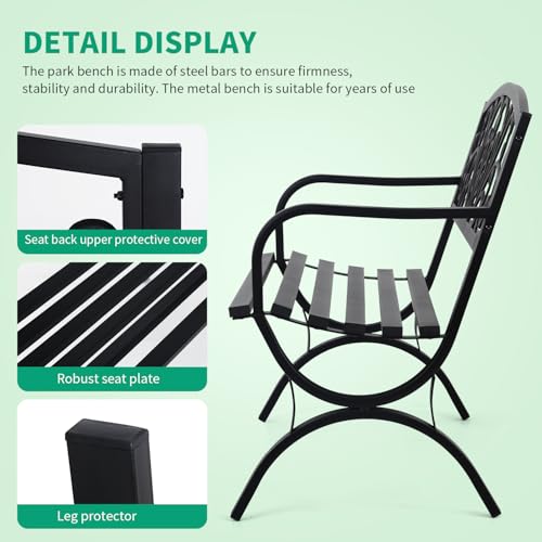 Metal Outdoor Bench with Plastic Mesh Backrest and Armrests Black G717609