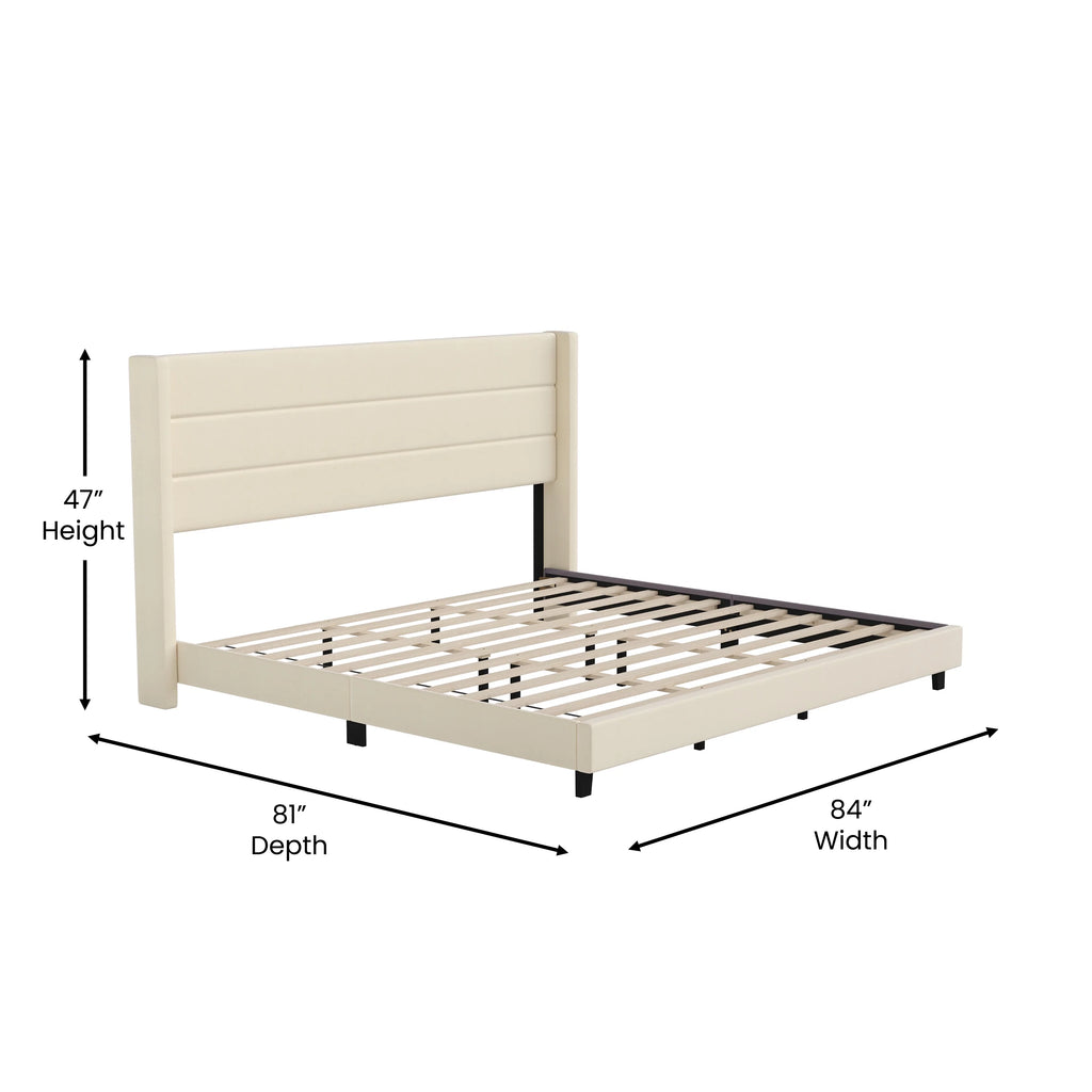 Beige Faux Linen King Upholstered Platform Bed with Wingback Headboard G927571