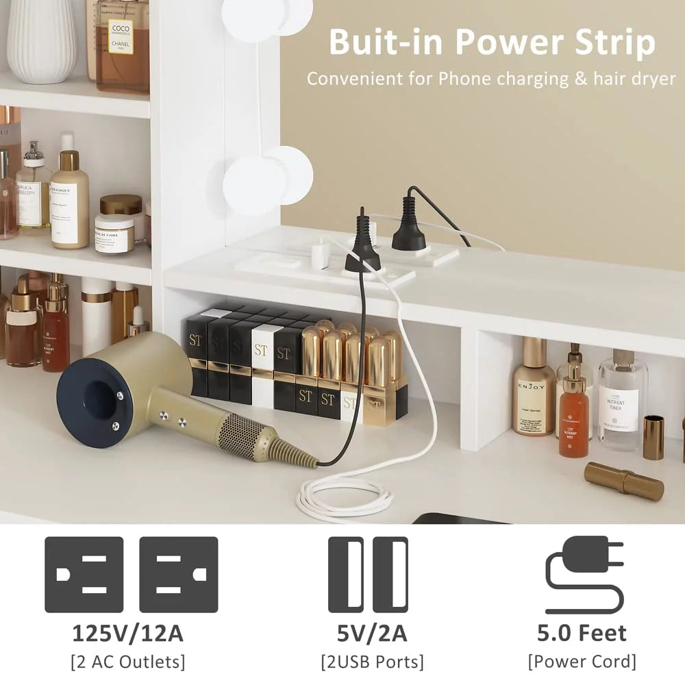 White Makeup Vanity with Lights and Mirror T3858