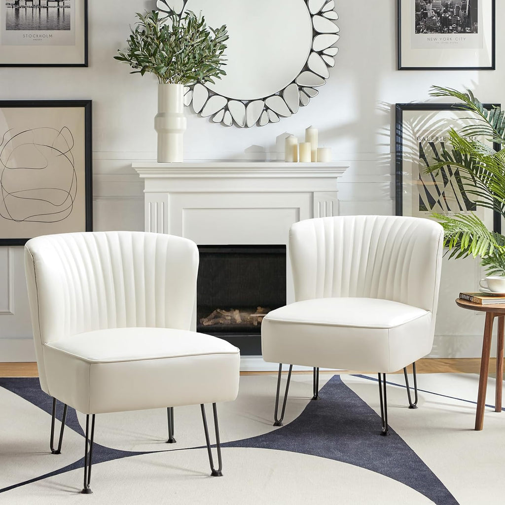 Ivory Faux Leather Accent Chairs Set Of 2 With Metal Base W6565