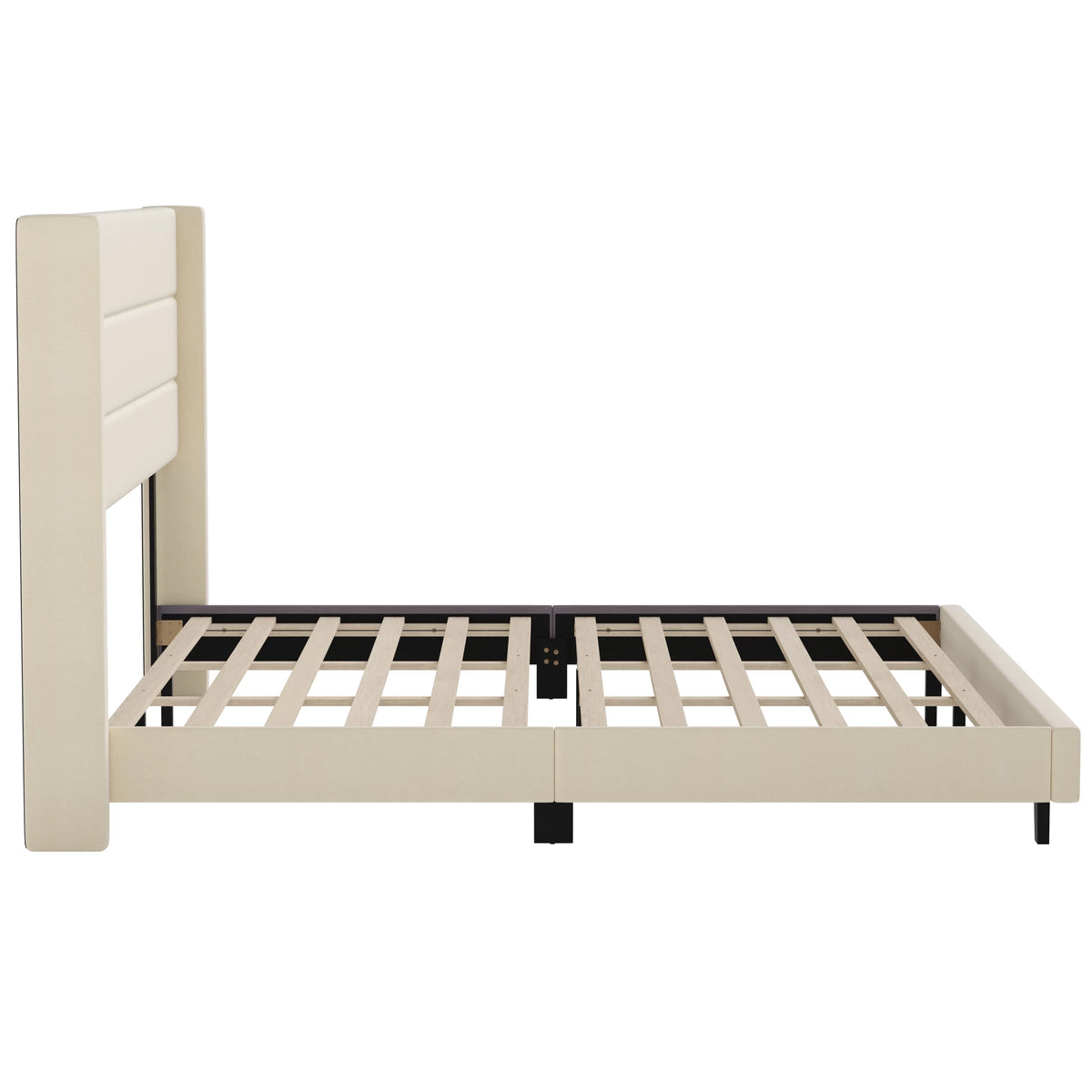 Beige Faux Linen King Upholstered Platform Bed with Wingback Headboard G927571