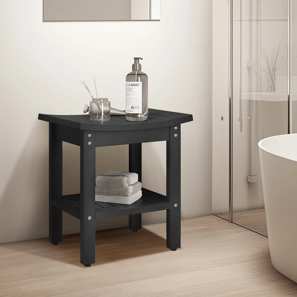 Black Waterproof Poly Lumber Shower Bench with Shelf O72484