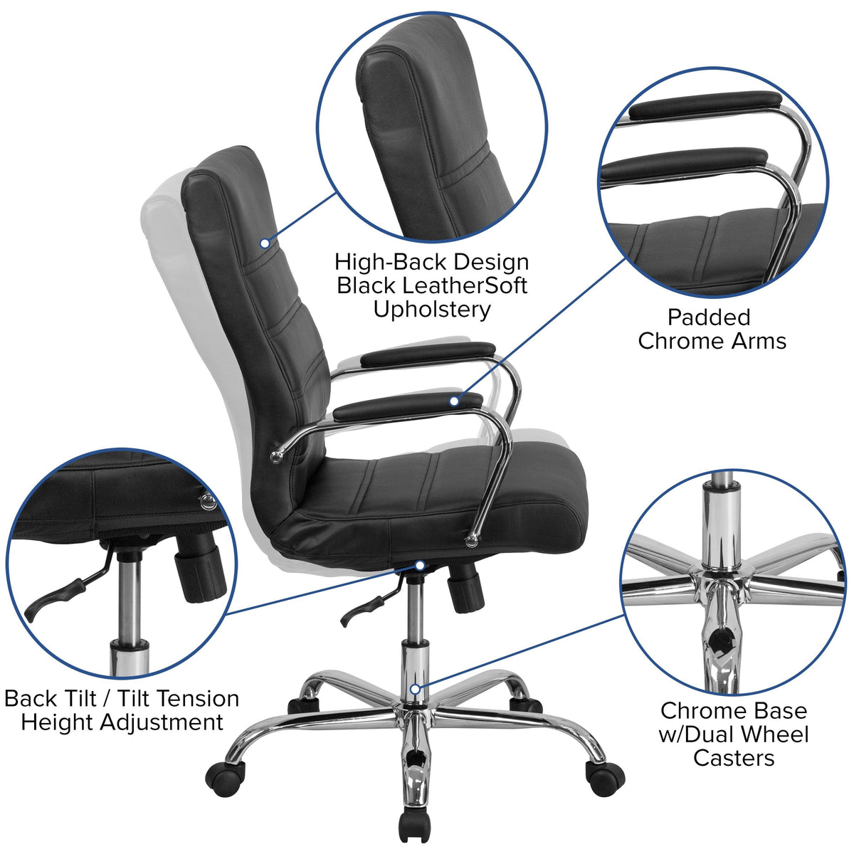 Black LeatherSoft Executive Swivel Office Chair with Chrome Base and Arms G99364