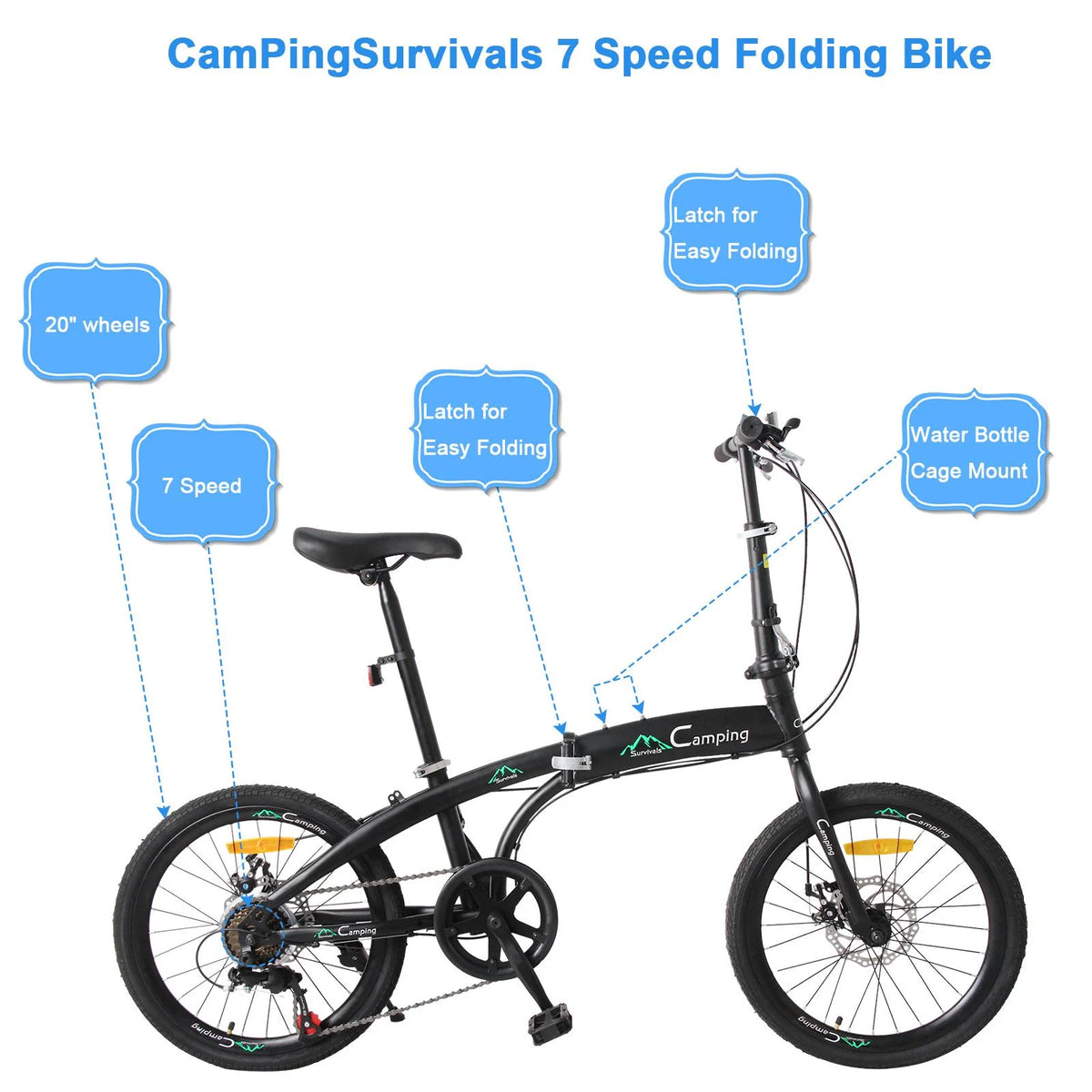 20 Folding Bike, 7 Speed Lightweight City Commuter Bicycle, Black B519