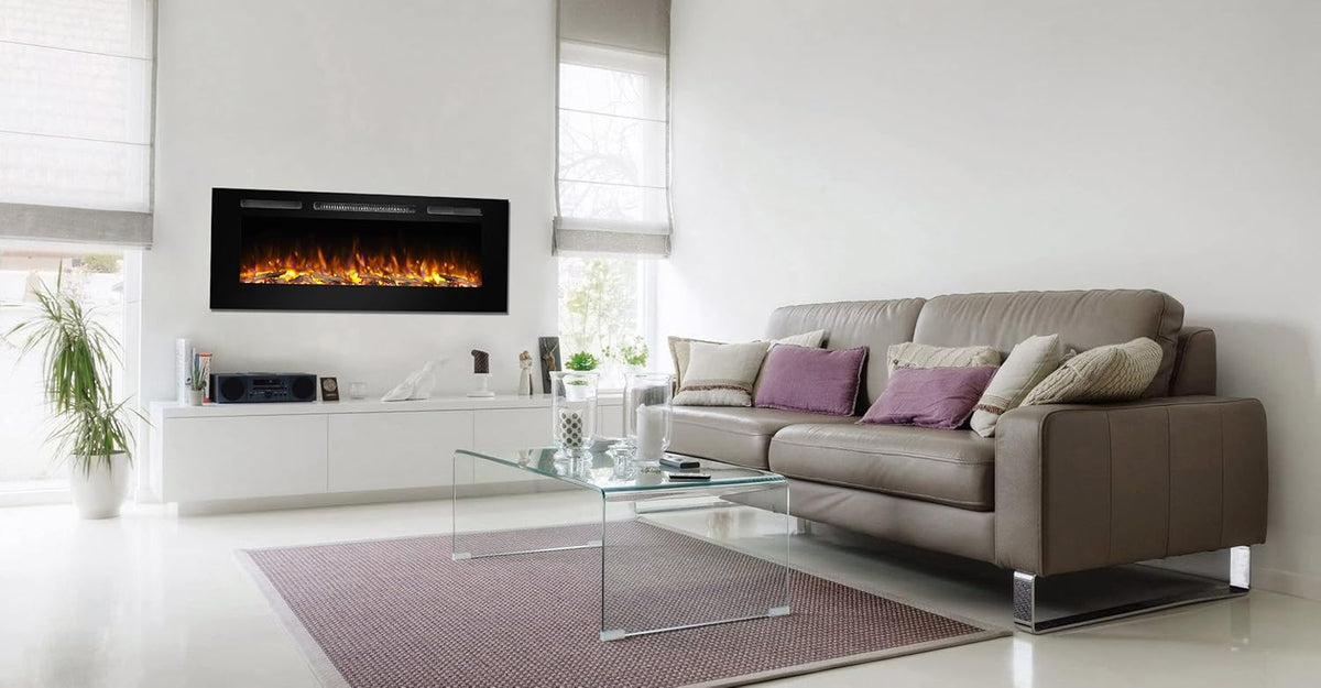 Recessed Electric Fireplace with Log Set and Crystal, 1500W Heater, Black E11945
