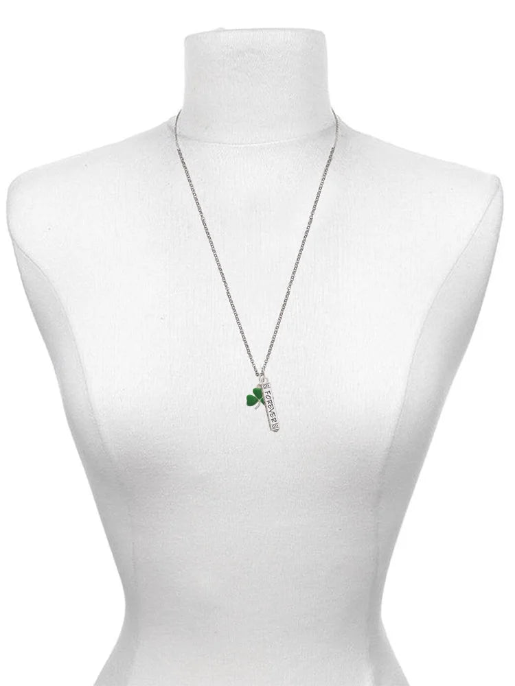 Silvertone Shamrock Bar Charm Necklace, 23" Z930
