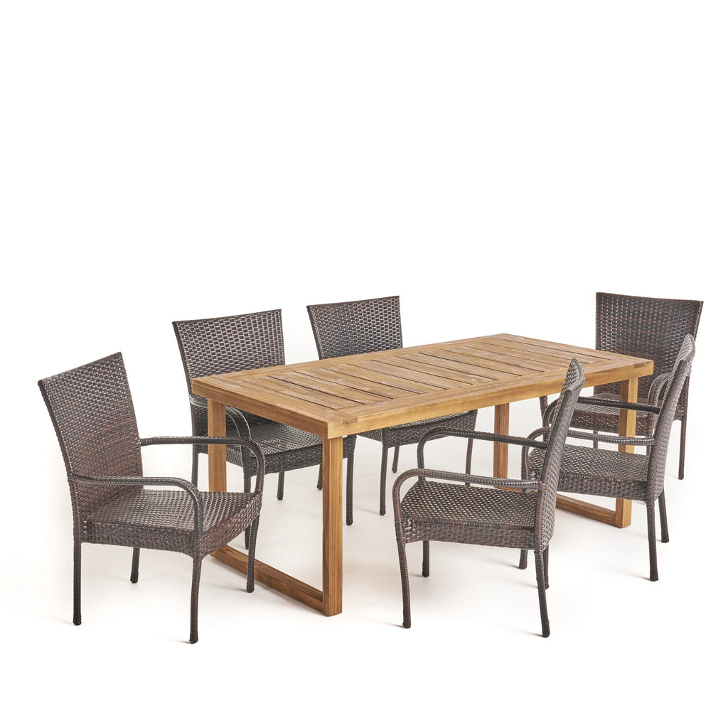 Acacia Wood and Wicker 7 Piece Dining Set B473