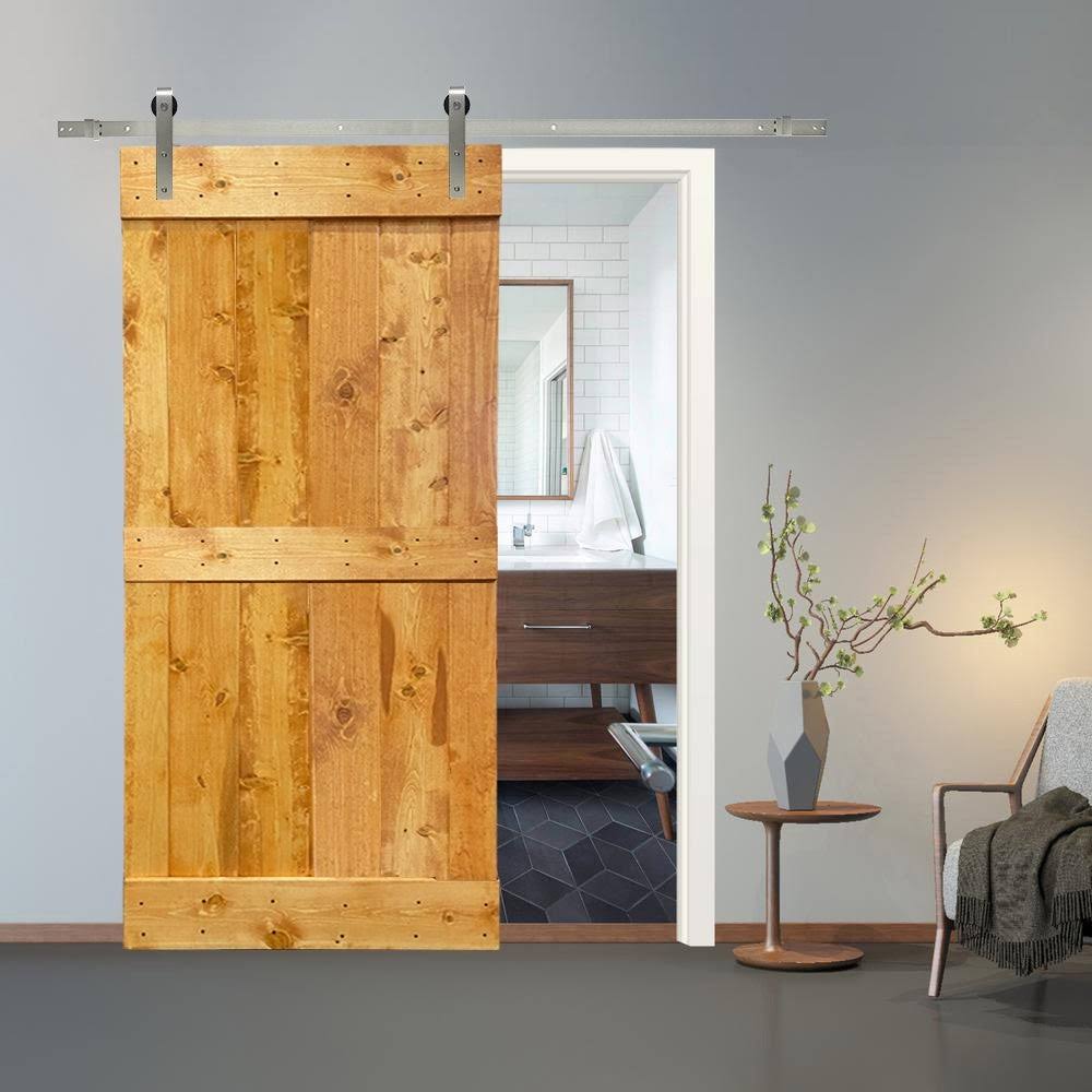 Solid Colonial Maple Stained Pine Wood Interior Sliding Barn Door with Hardware Kit J752616