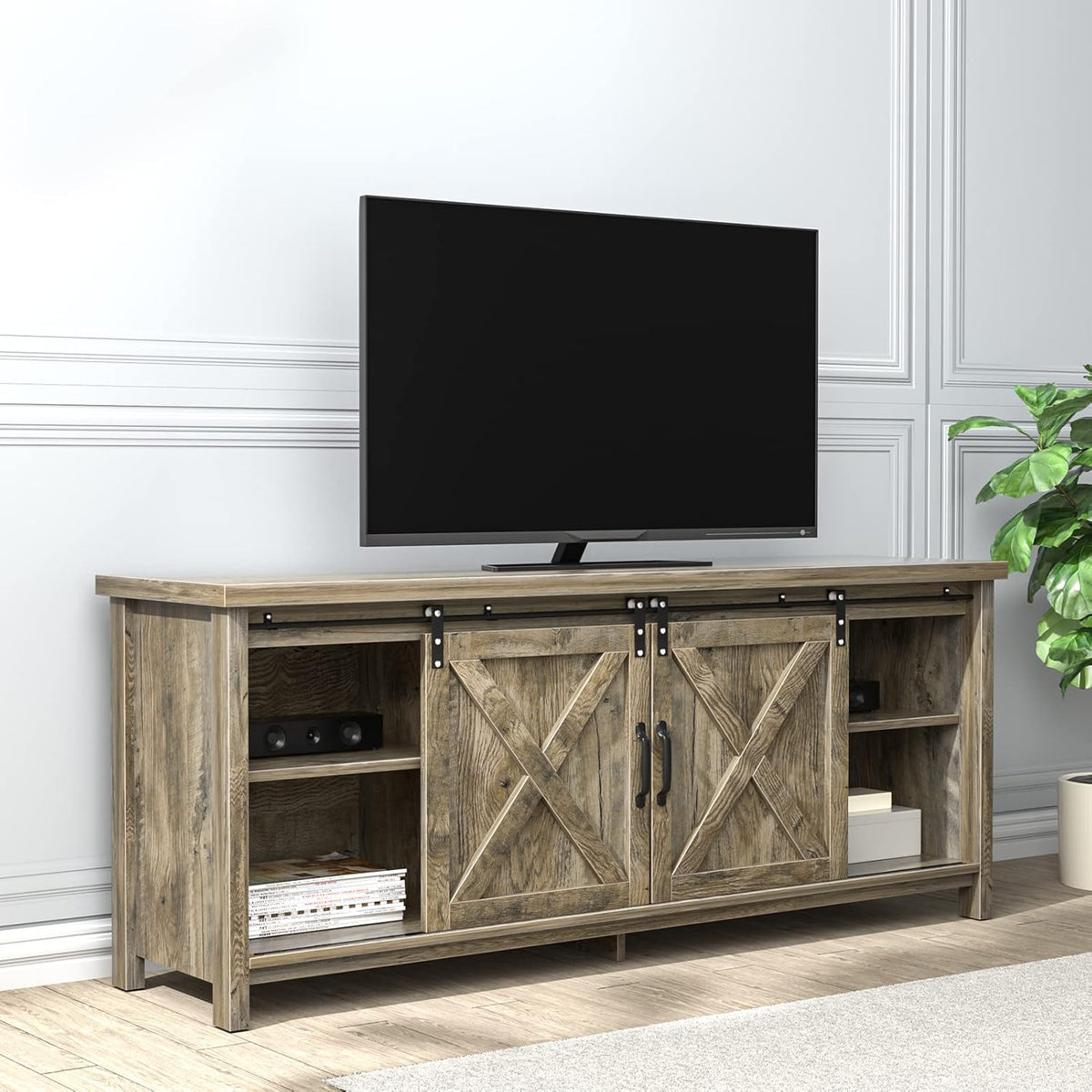 Farmhouse TV Stand with Sliding Barn Door and Storage Cabinet J22487