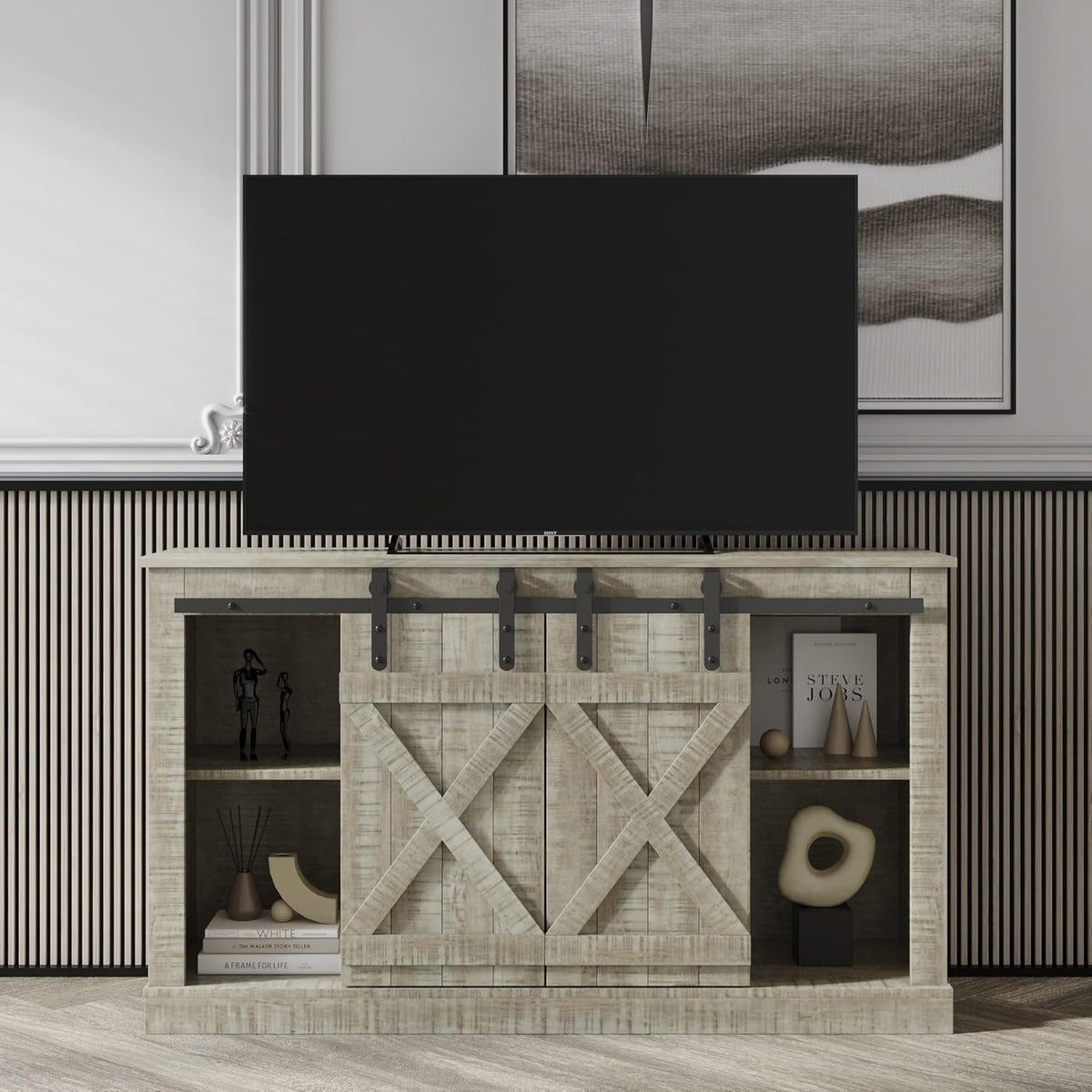 Farmhouse TV Stand with Sliding Barn Door and Storage Cabinet J22487