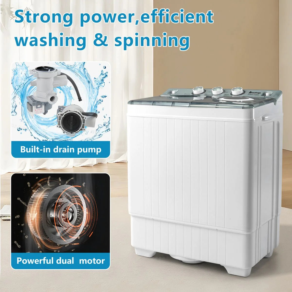 Semi-Automatic Washing Machine 18lbs Compact Laundry Machine with Spinner and Drain Pump M91219