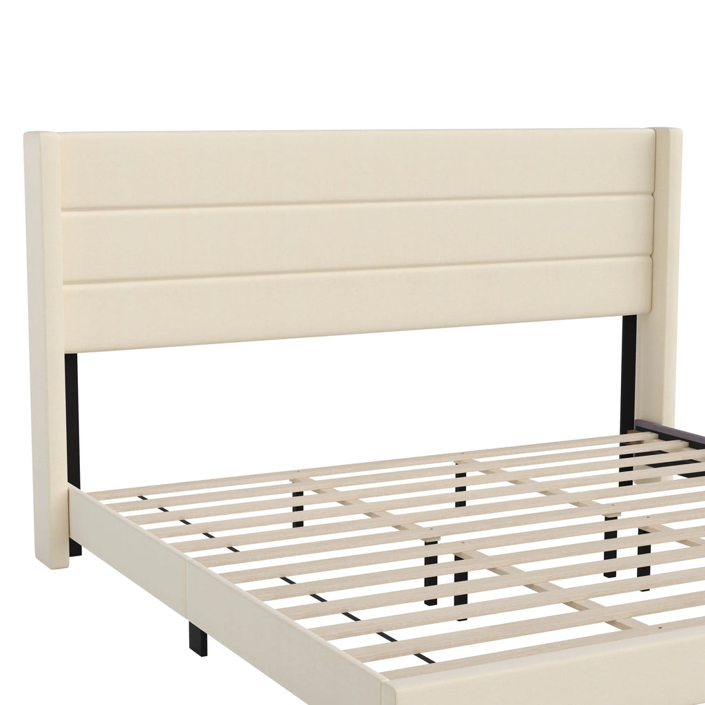 Beige Faux Linen King Upholstered Platform Bed with Wingback Headboard G927571