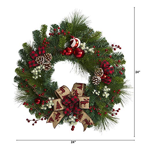 24in. Artificial Christmas Pine Wreath with Pine Cones and Ornaments O827