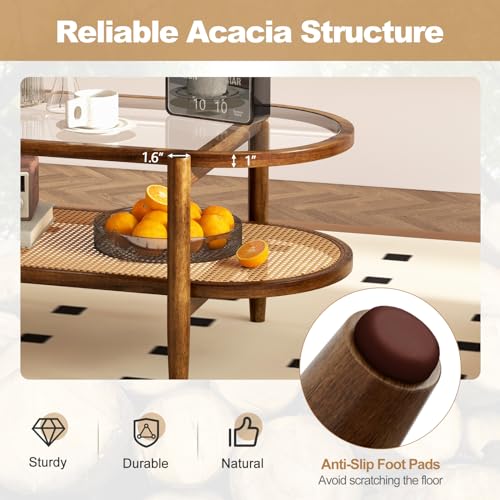 Black 2-Tier Oval Rattan Coffee Table with Tempered Glass T256