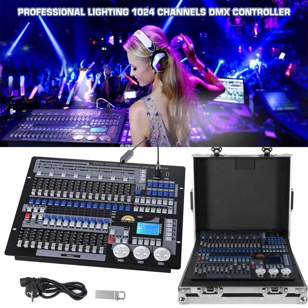 DJ Lighting Controller with Flightcase, Grand Console DMX and MIDI Operator 1024 Channel I610