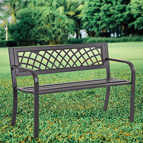 Metal Outdoor Bench with Plastic Mesh Backrest and Armrests Black G717609